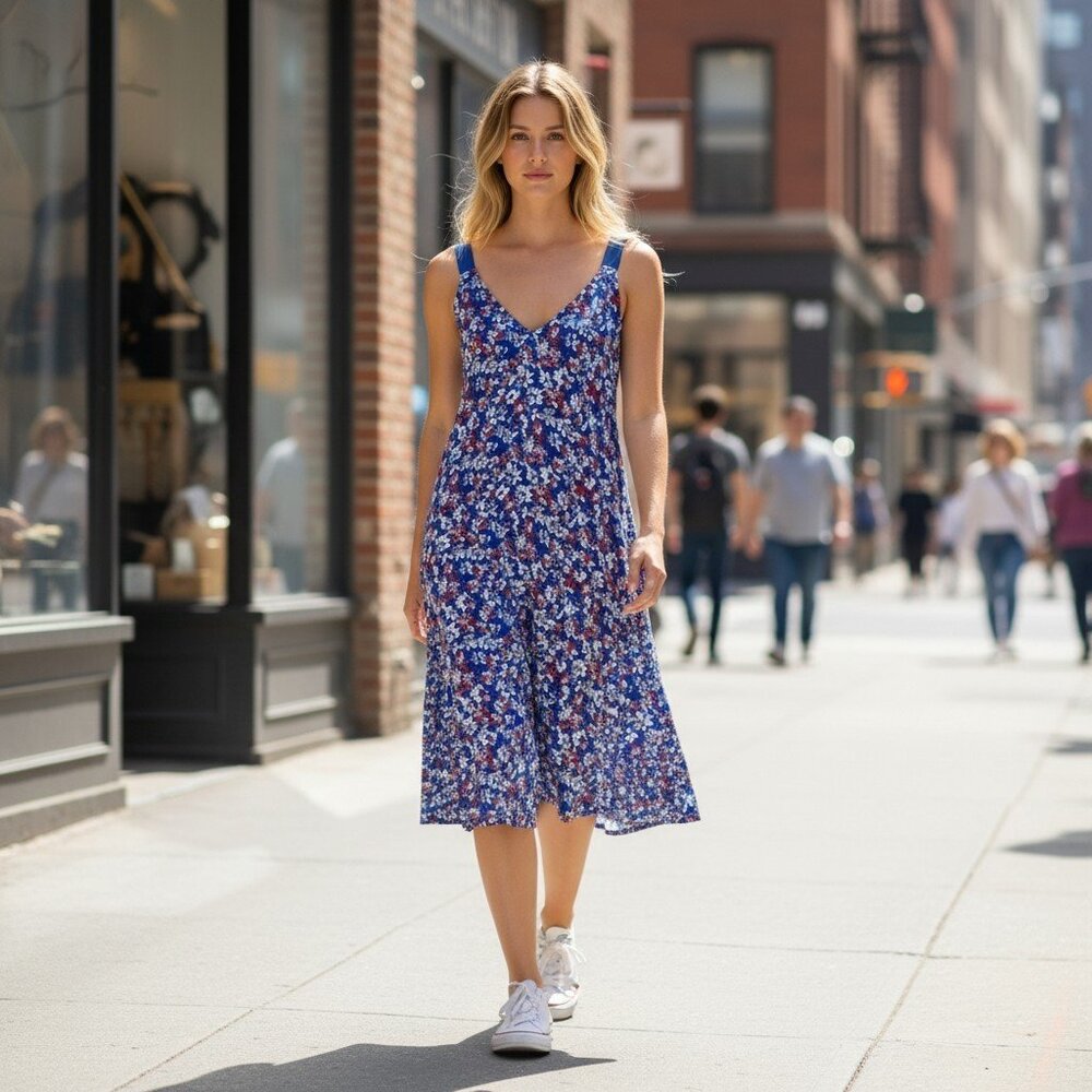 Rag & Bone Blue Floral Cotton Sleeveless Midi Dress XS Preowned